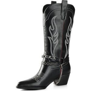 🆕Women Black Cowboy Boot with Chain Pointy Toe Heel Pull on Style Western Boots